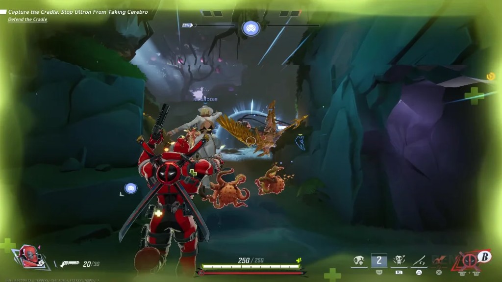 Deadpool gameplay in Marvel Rivals — team fight on objective map